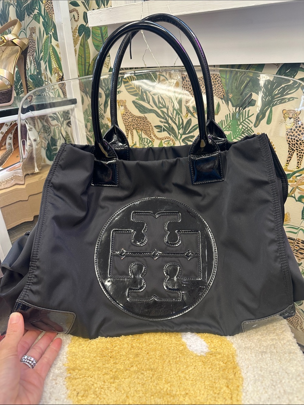 Tory Burch Black Patent Logo Tote